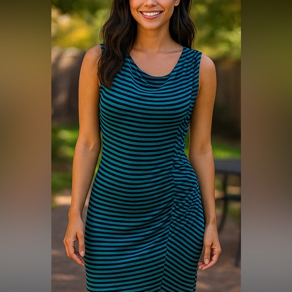Laundry By Design Scooped Neck Sleeveless Dress Teal/Black Striped Ruching